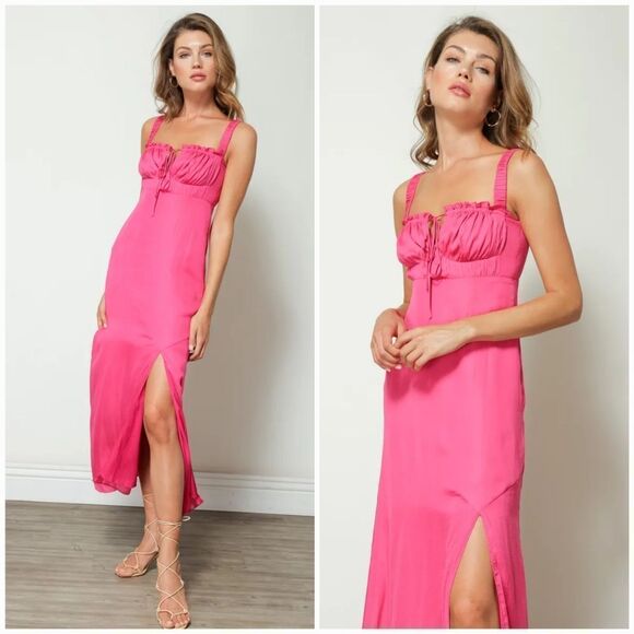 Line & Dot Dresses & Skirts - Line & Dot Brooke Bias Cut Ruched Tie Bust Sateen Midi Dress in Hot Pink S